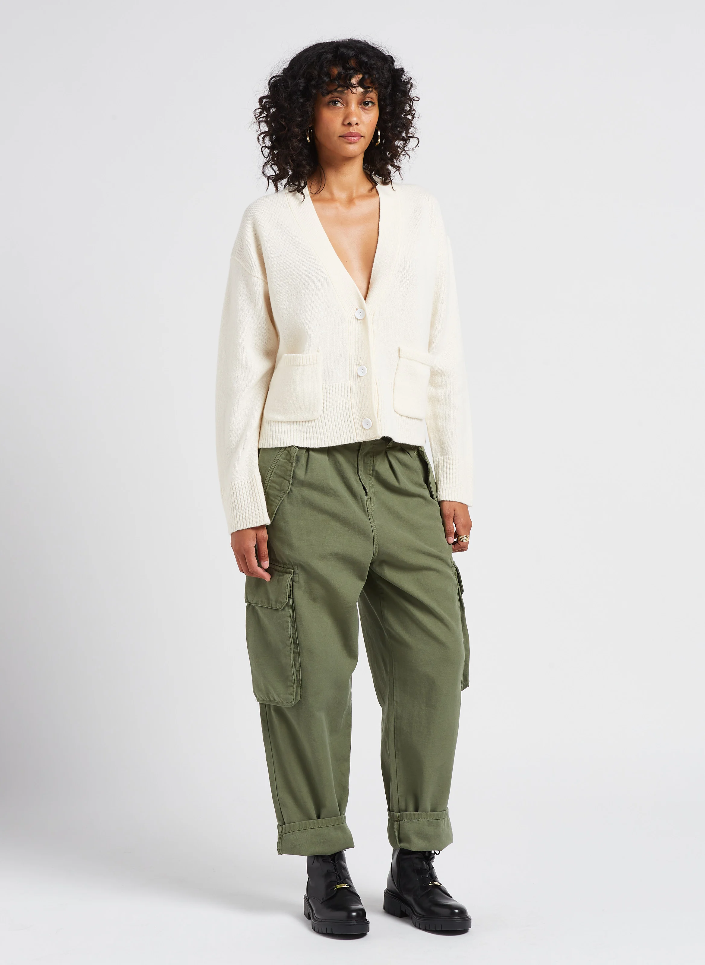 AMBROISE - Pantalon treillis taille haute en coton | Vert