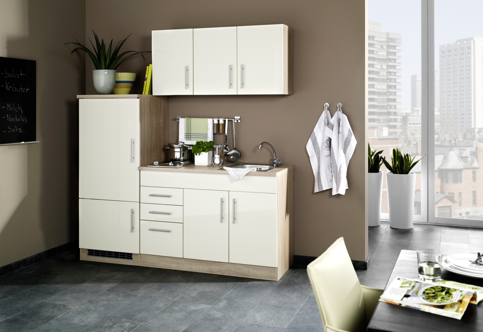 Single-Küche TORONTO - creme Hochglanz - mit E-Geräten - 180 cm