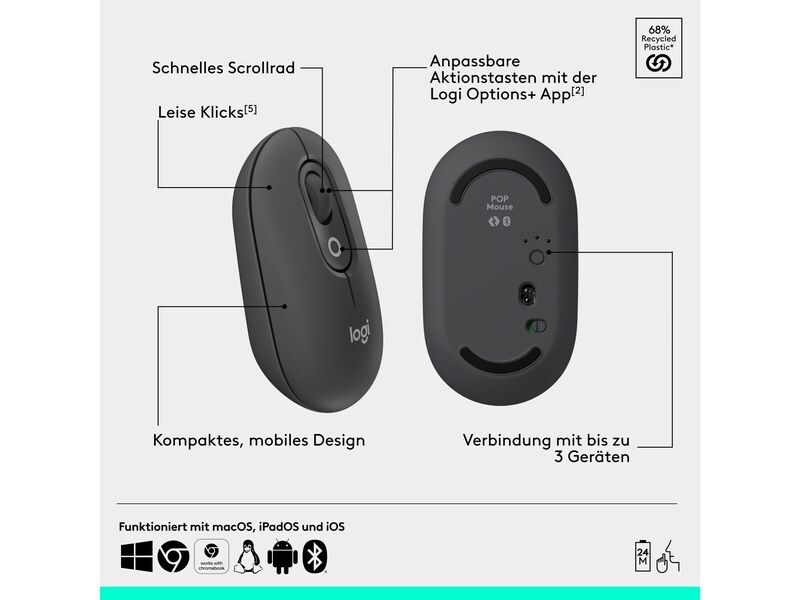 Logitech Tastatur-Maus-Set POP Icon Combo Graphite Kompaktes kabelloses Tastatur und Maus Set mit anpassbaren Aktionstasten