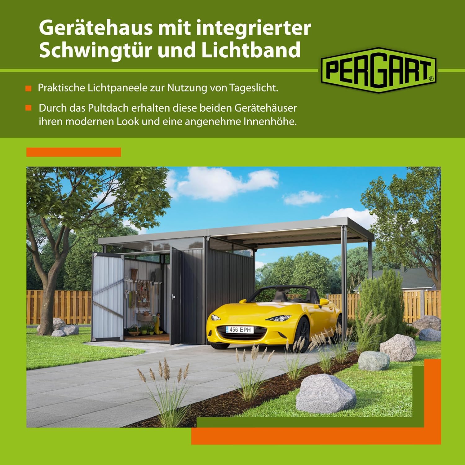 Gerätehaus Rheinfelden 108 Schleppdach-Set | inkl. Schleppdach & Fundamentrahmen | mit Lichtband & Schwingtür | witterungsbeständig & langlebig | 6,4 m² Grundfläche | Anthrazit