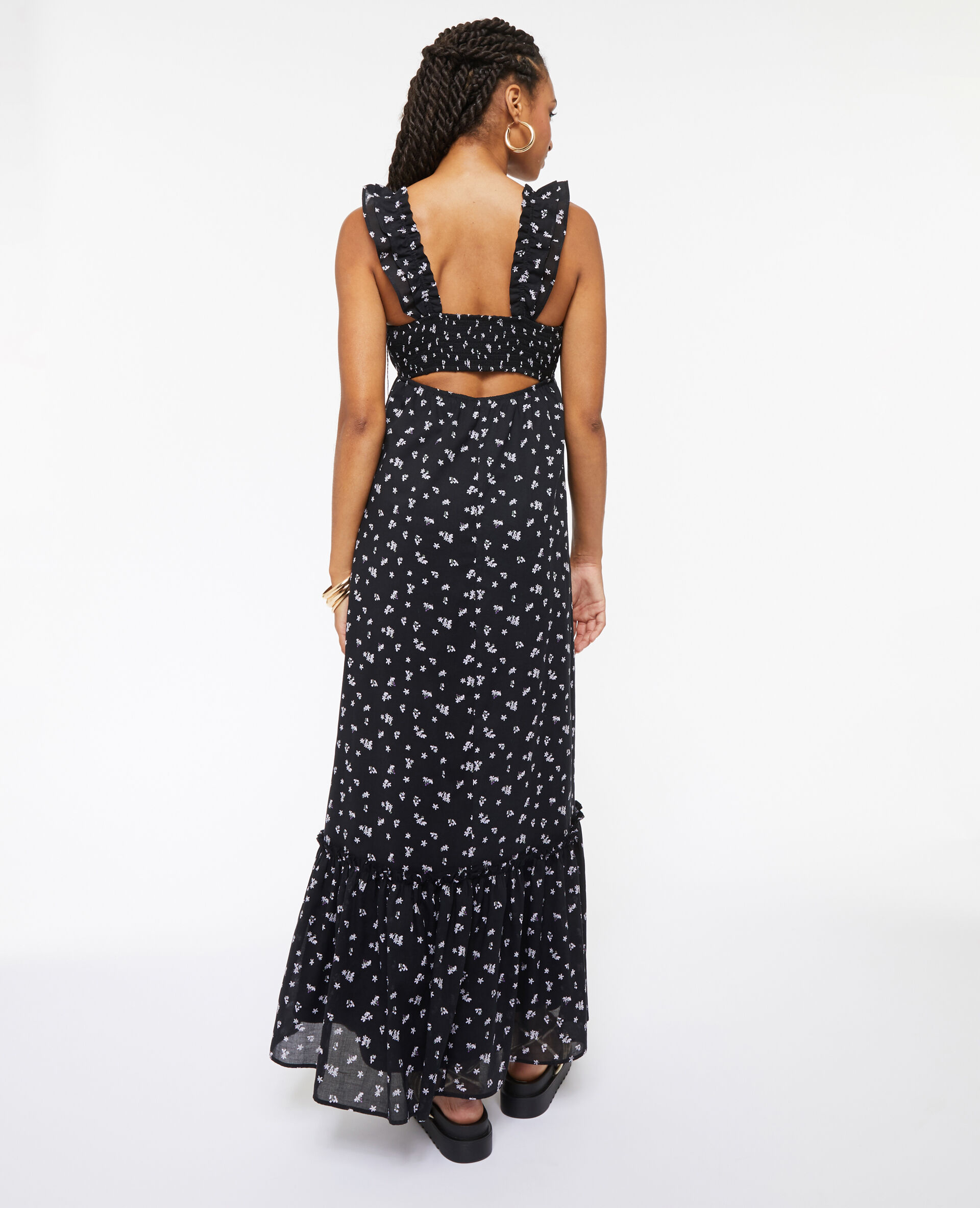 Robe longue motif fleurs avec volants - Noir