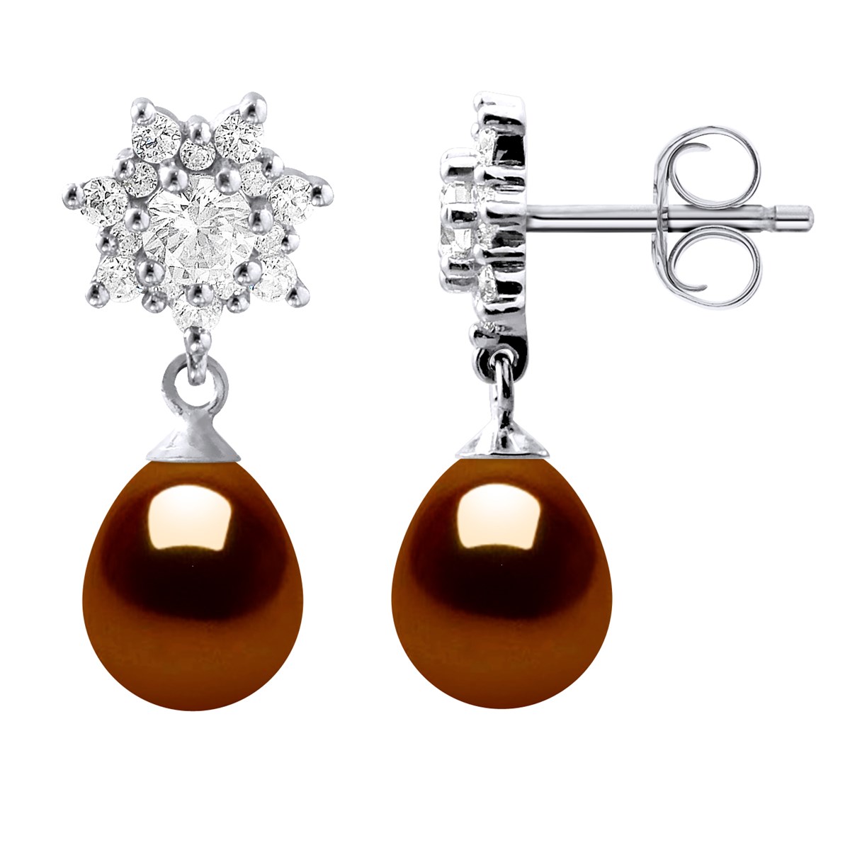 Boucles d'Oreilles Pendantes Perles d'Eau Douce Poires 7-8 mm Chocolat Joaillerie Argent 925