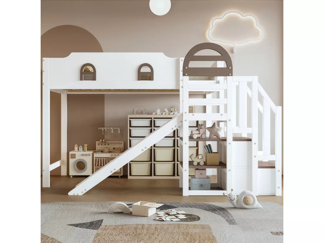 Lit mezzanine pour enfant - 90 x 200 cm - avec toboggan et fenêtre - 2 rangements dans l'escalier - pin+MDF - blanc+marron