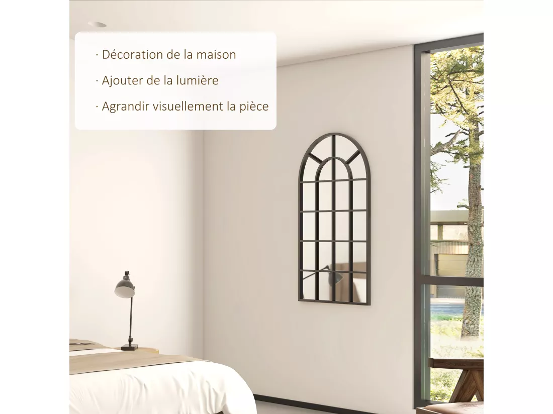 Miroir mural aspect verrière style classique chic - dim. 62L x 110H cm - métal noir verre 3 mm