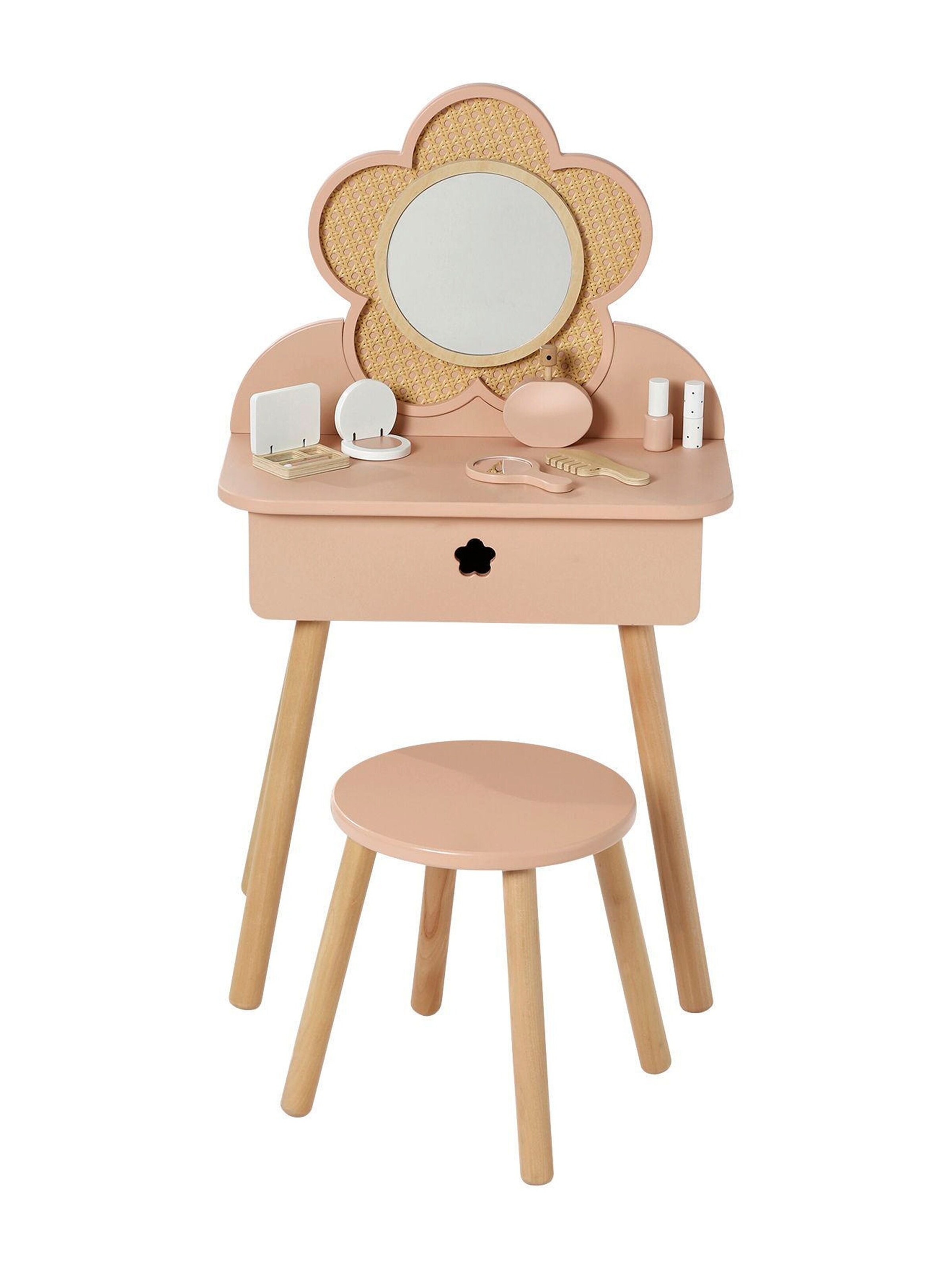 Vertbaudet Kinder Schminktisch mit Zubehör, Holz FSC® und Rattangeflecht rosa