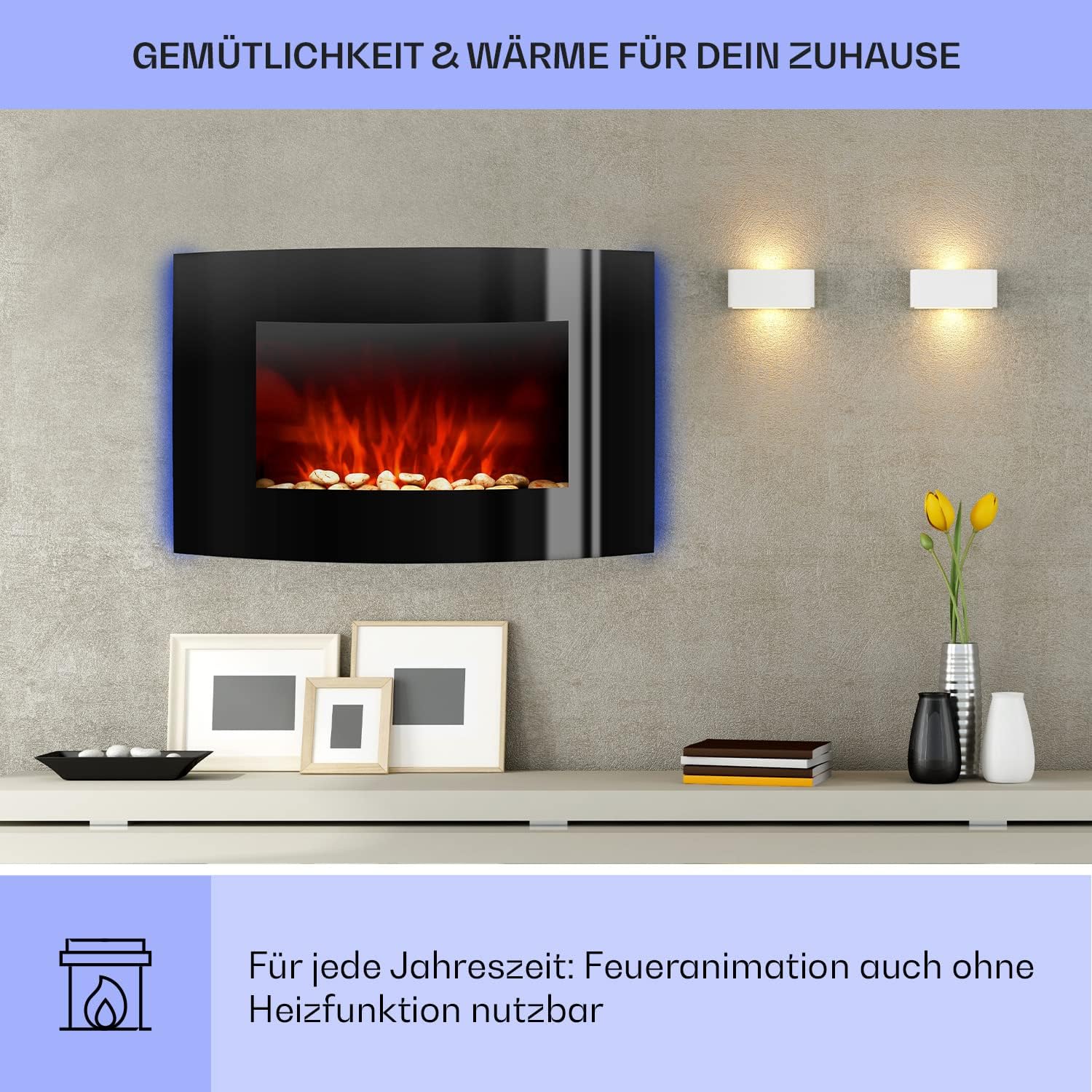 Klarstein Lausanne Elektrokamin - Kamin elektrisch, Elektro Kamin mit Flammensimulation, LED, geräuscharm, Dimm-Funktion, Fernbedienung, Wandmontage, 1000/2000 W Leistung, horizontal, schwarz