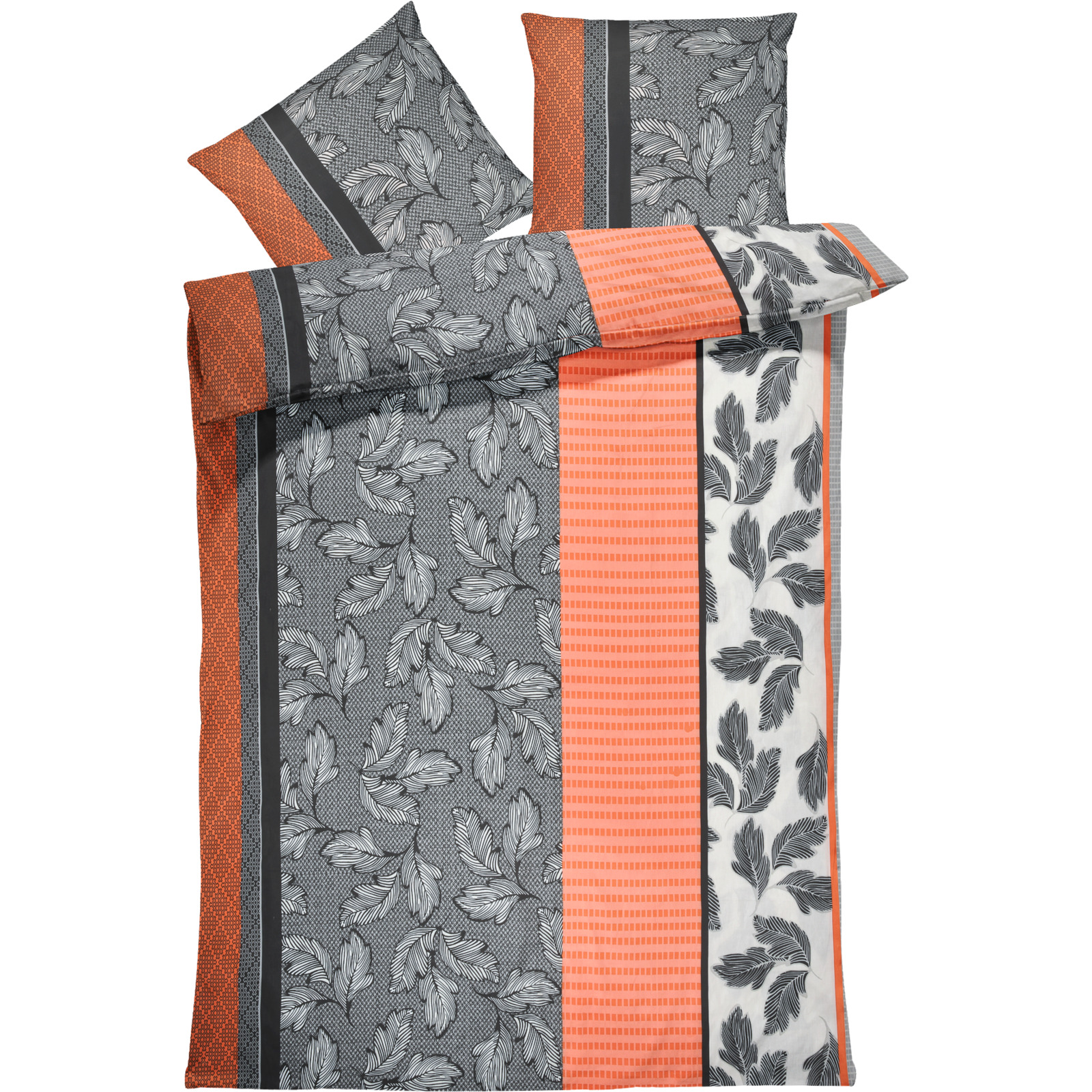 Bettwäsche Satin Blätter und Streifen grau-orange 160x210 65x100 Bettanzug Nord
