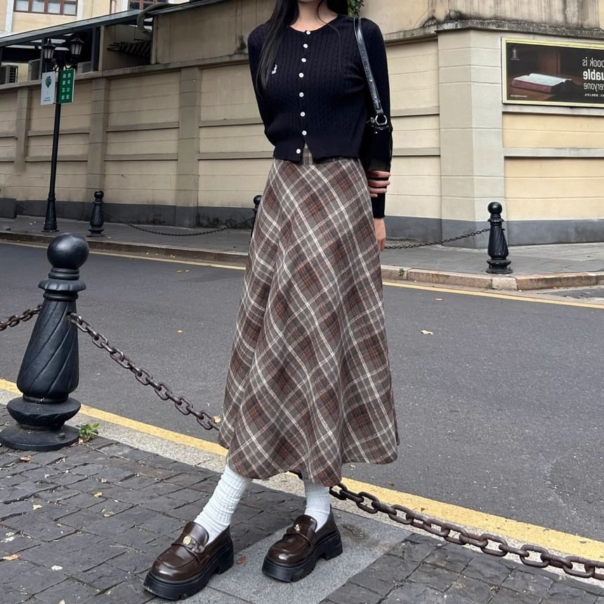Soufu - Hoge taille geruite maxi A-lijn rok