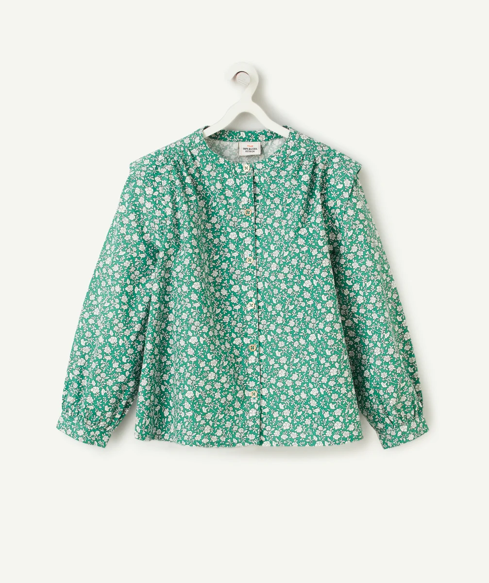 BLOUSE FILLE EN COTON IMPRIMÉ FLEURI VERT ET BLANC