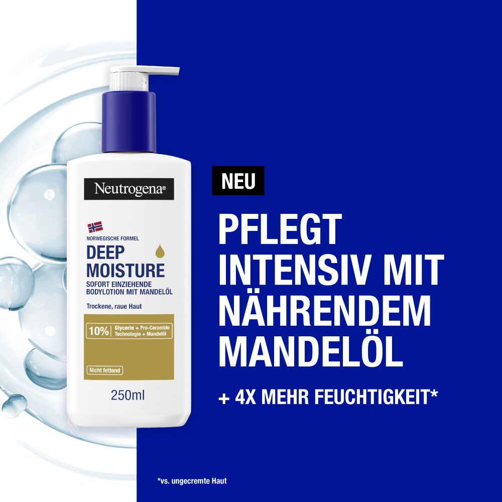 Neutrogena Norwegische Formel Deep Moisture sofort einziehende Bodylotion mit nährendem Mandelöl (250ml) für mehr Feuchtigkeit bei trockener, rauer Haut