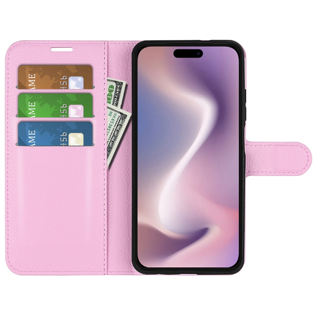 iPhone 16 Pro Max Leder Tasche Flip Cover Litchi Look - Rosa