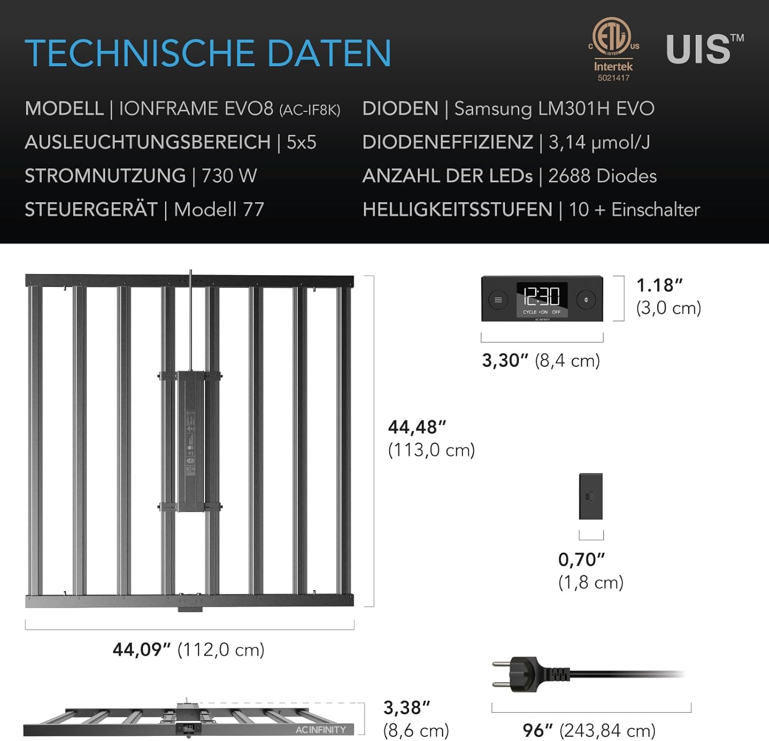 AC Infinity IONFRAME EVO8 LED Grow Light 730 W für 150 x 150 cm Grow Zelte, mit 2688 Samsung LM301H EVO LEDs und Vollspektrum-Licht für Indoor-Grow & Gewächshaus