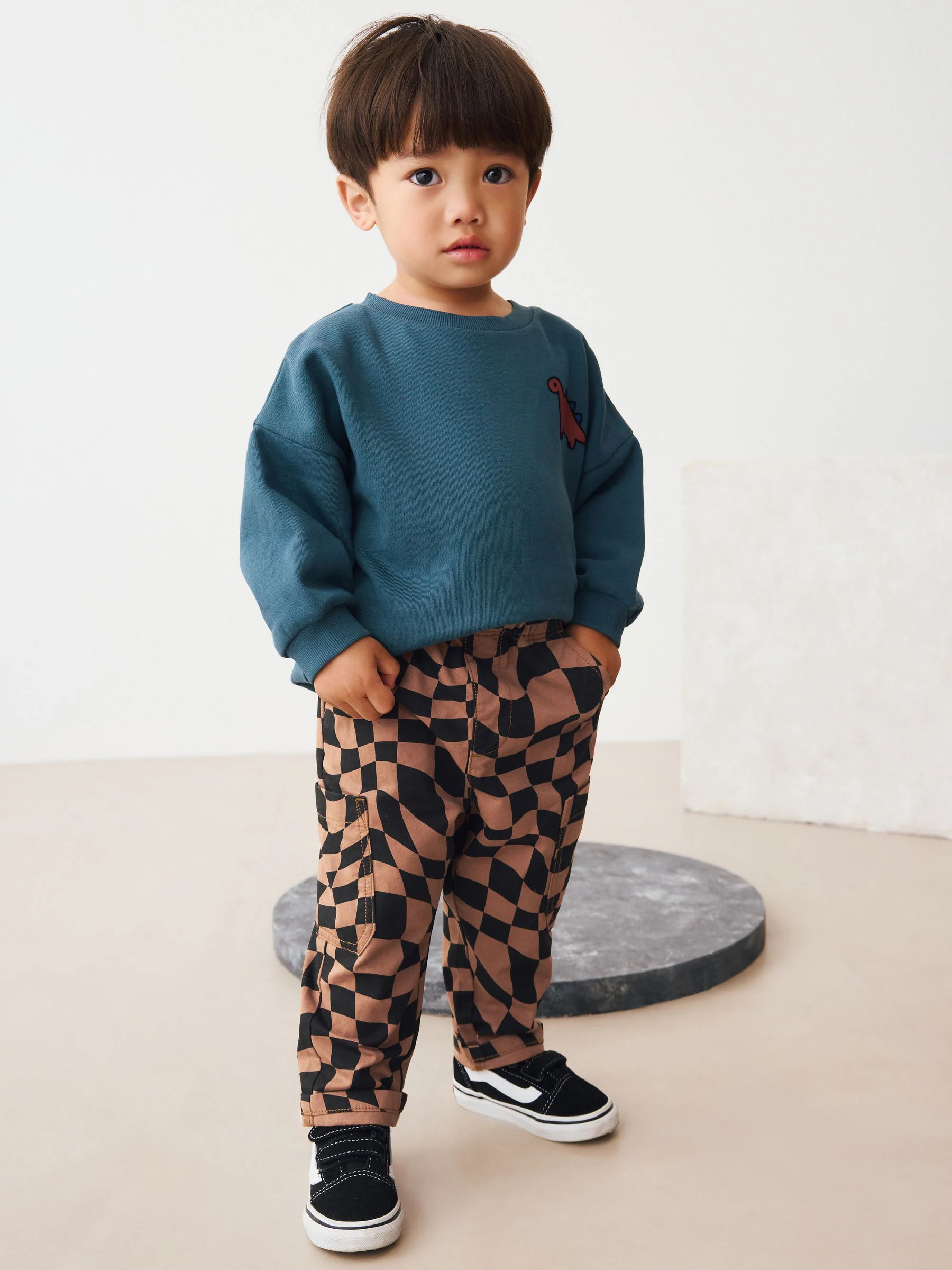 Zwart/lichtbruin dambordpatroon - Broek met elastische taille en zijzakken (3mnd -7jr)
