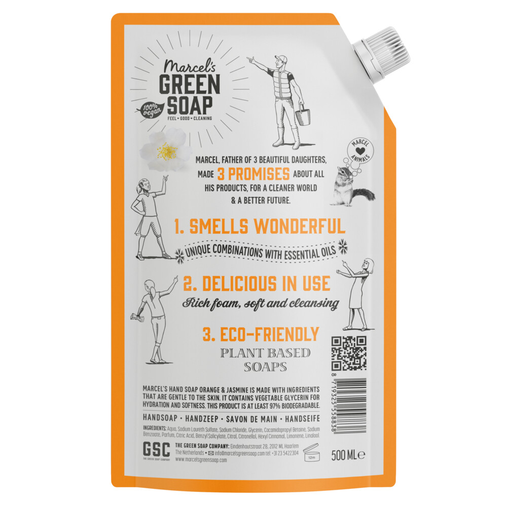 6x Marcel's Green Soap Handzeep Sinaasappel & Jasmijn Navul Stazak500 ml