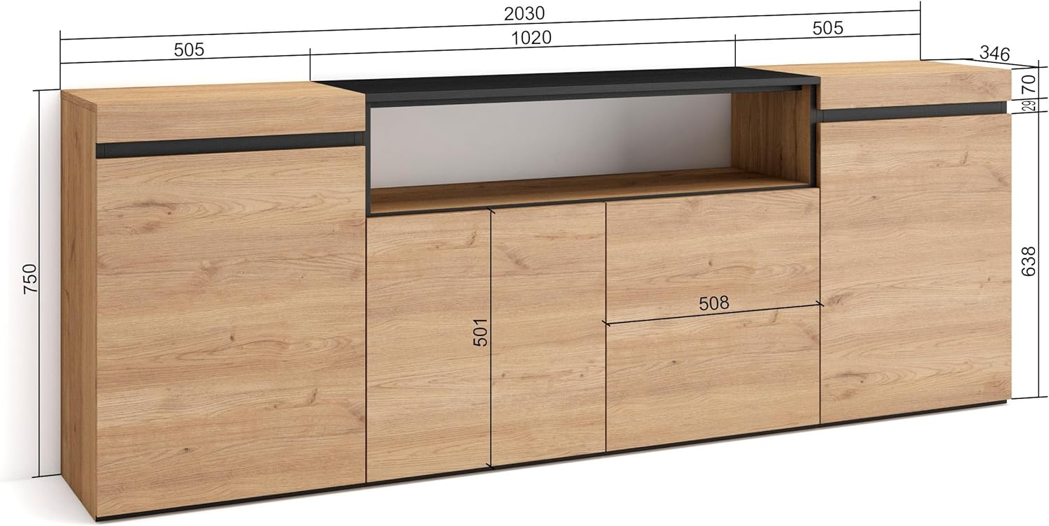 Skraut Home | Sideboard, Highboard | Kommode, Komodenschrank | 200x75x35cm | 4 Türen | Wohnzimmer, Küche | Moderner Stil | Eiche Schwarz