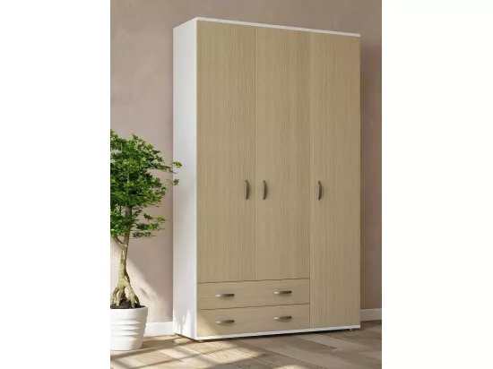 Garde-robe 3 portes Drabit, Meubles de chambre, Dressing avec portes, Armoire, Made in Italy, 120x52h170 cm, Blanc et chêne