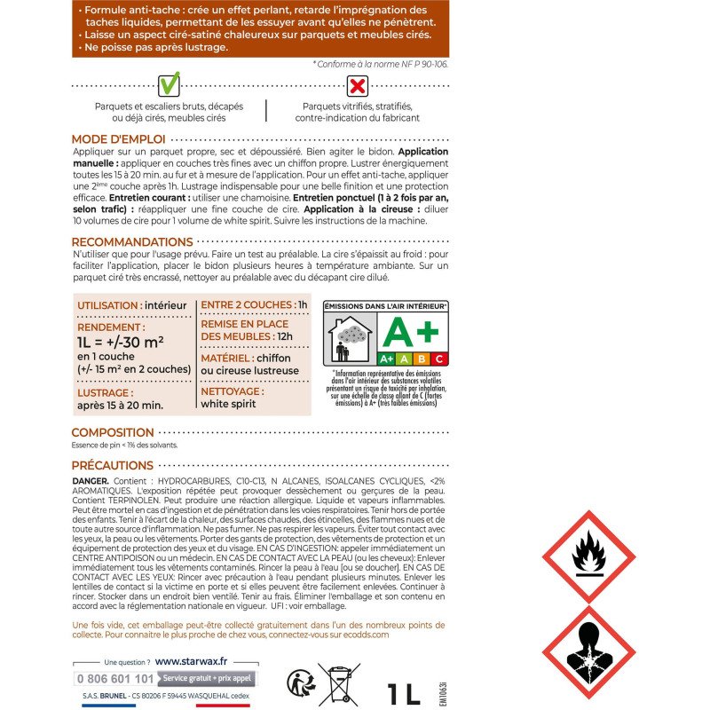 Cire anti-tache parquet ciré, bois clair - 1 L