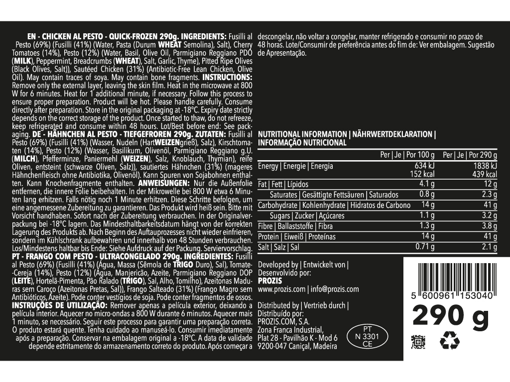REFEIÇÃO PROZIS DIET FRANGO COM PENNE E PESTO 290G