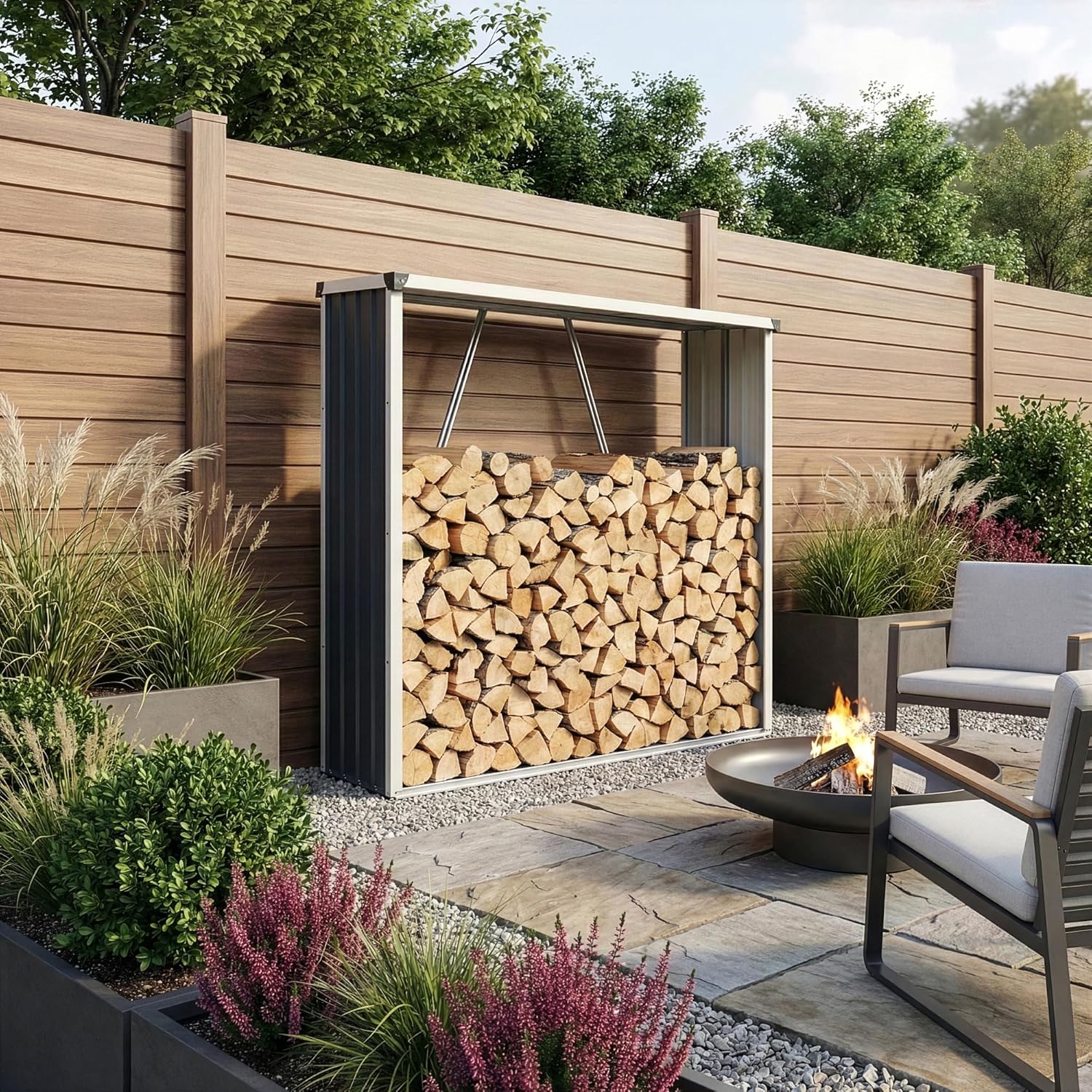 casa.pro Holzregal Kalmar Kaminholzregal Brennholzregal außen 158 x 47 x 152 cm Holzunterstand Holzlager wetterfest Stapelhilfe verzinkter Stahl Anthrazit