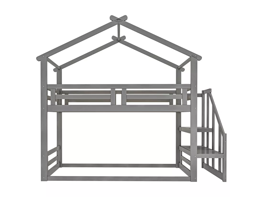Lit superposé d'enfant 90x200cm - lit cabane avec escalier de sécurité, cadre de lit en bois massif avec sommier à lattes - gris