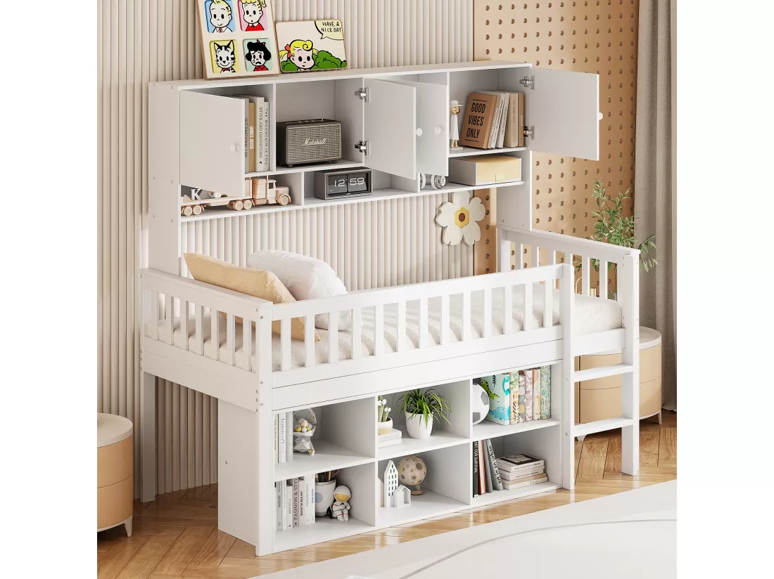Lit enfant en bois 90x200cm - avec compartiments de rangement - Blanc
