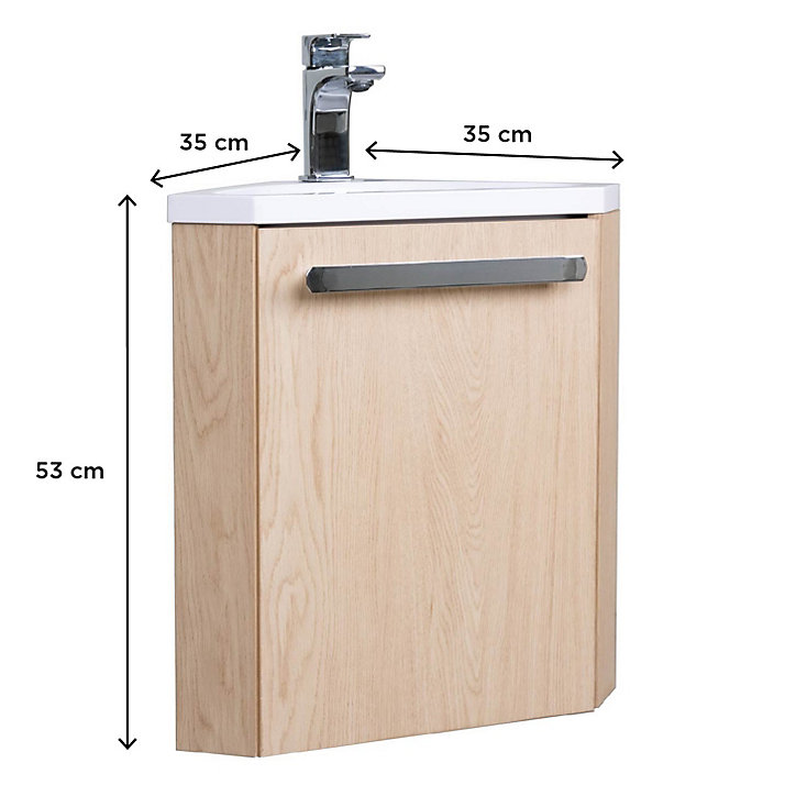 Ensemble meuble sous vasque d'angle compact à suspendre Skino décor chêne + plan vasque en résine blanc