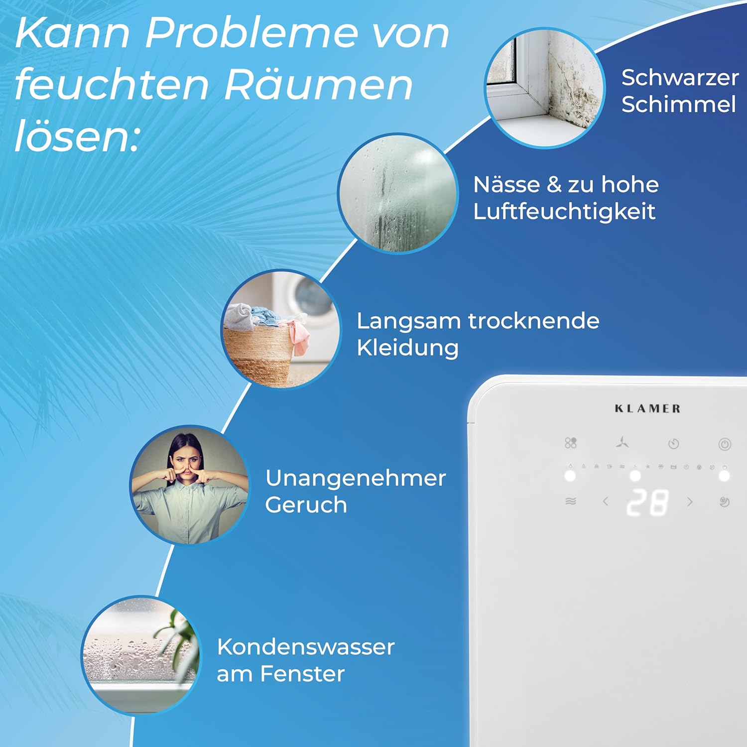 KLAMER Luftentfeuchter elektrisch 12L, 100m³ Luftumwälzung pro Stunde, 280W starker Raumentfeuchter, Entfeuchter mit bis zu 2 Liter Fassungsvermögen