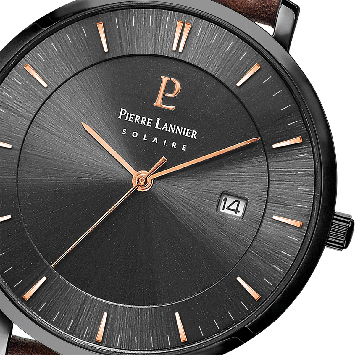 Montre Pierre Lannier homme solaire acier noir bracelet cuir brun