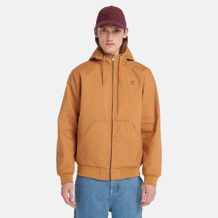 Jaqueta bomber masculina com capuz e isolamento térmico em lona laranja.