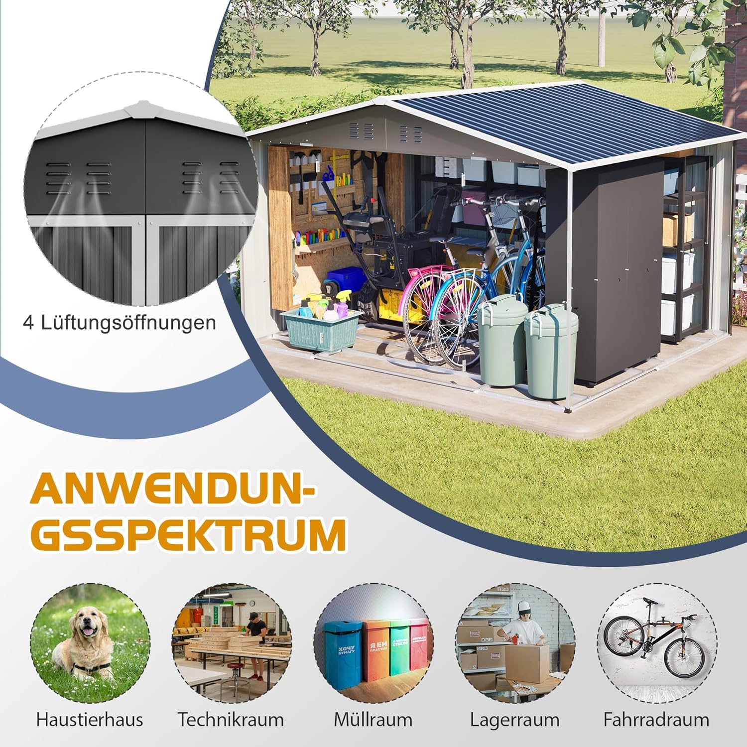 Gartenhaus Metall 300 x 252 x191 cm, Metall Gerätehaus XXXL, Geräteschuppen mit Satteldach, Abschließbare Schiebetüren, Verstärkter Stahlrahmen (A)