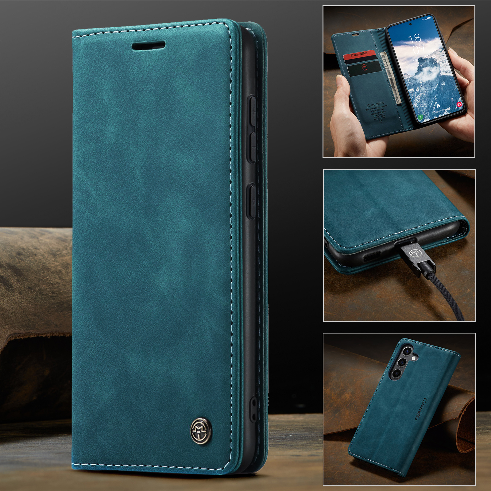 Samsung Galaxy S24 FE Leder Tasche Flip Wallet Etui mit Kartenfächern - Blaugrün