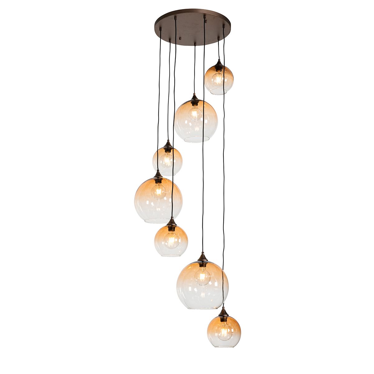 Art Deco hanglamp donkerbrons met amber glas 7-lichts - Sandra