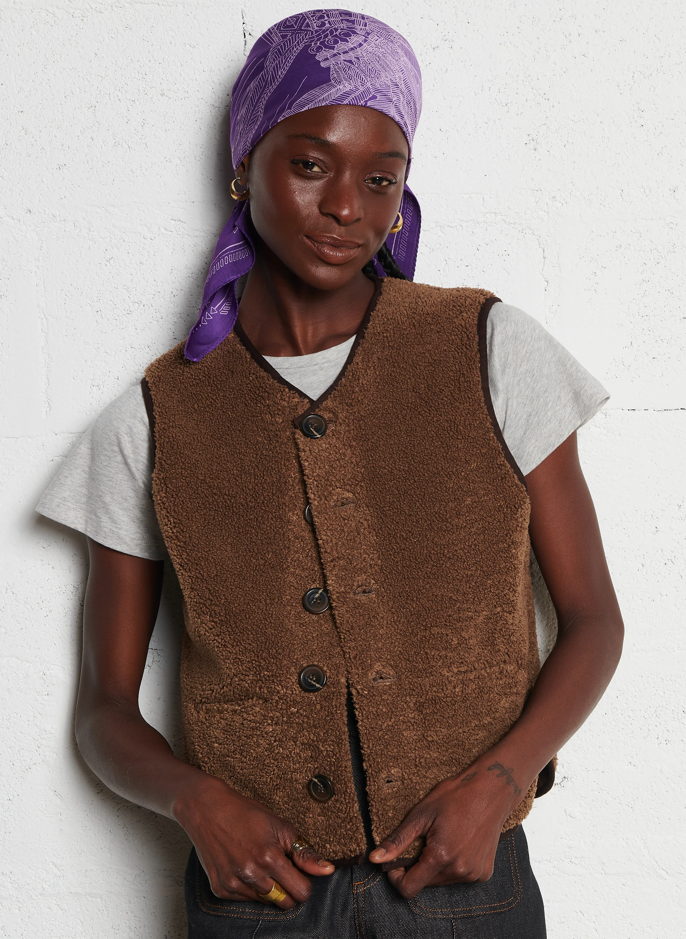 FUSIL - Gilet sans manches aspect mouton | Marron
