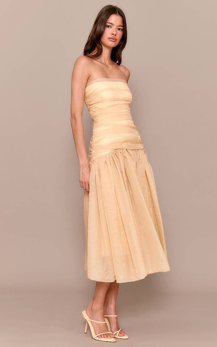 Jaune Robe Midi En Organza À Corsage Froncé