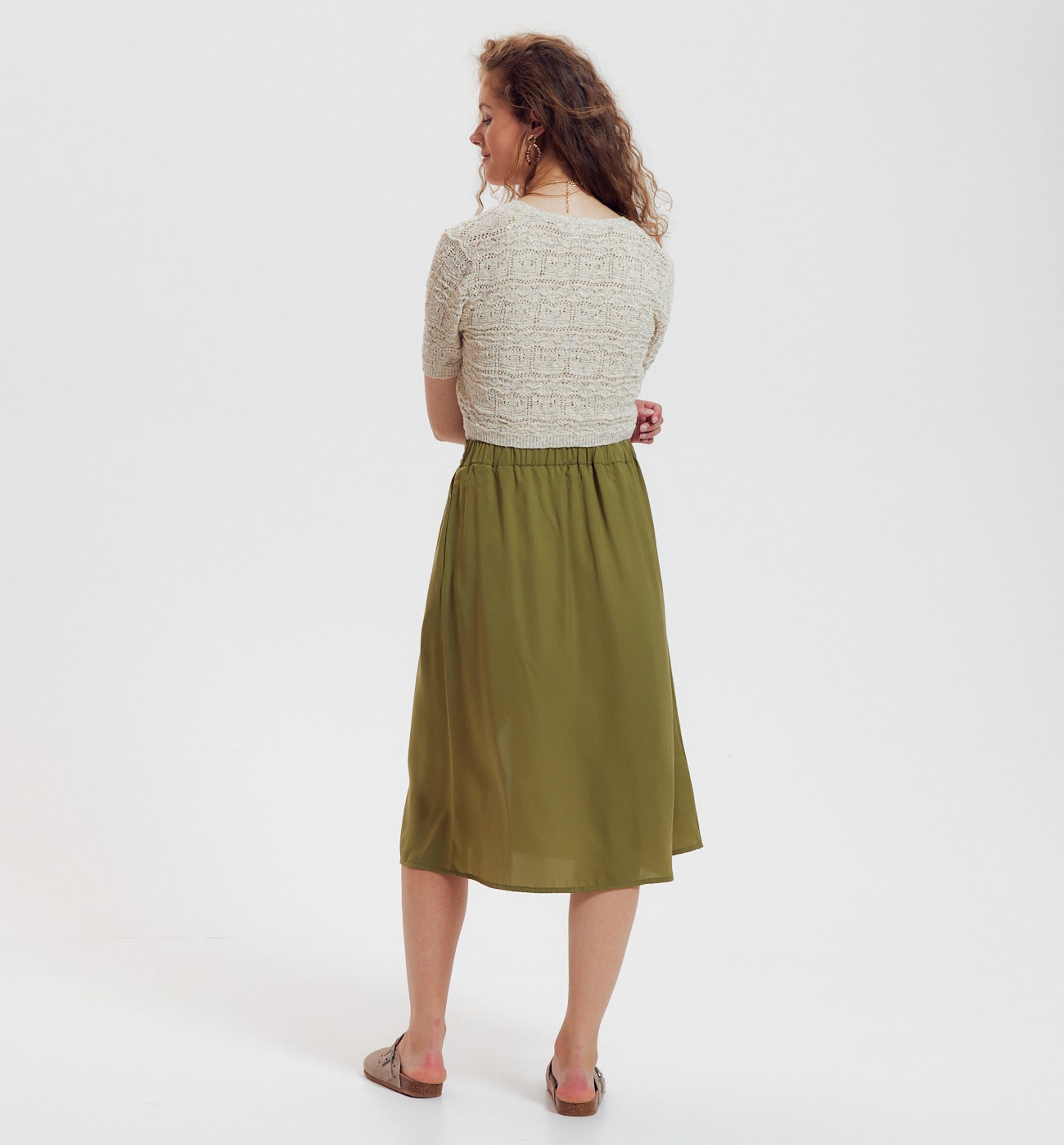 Jupe midi en satin uni - Kaki