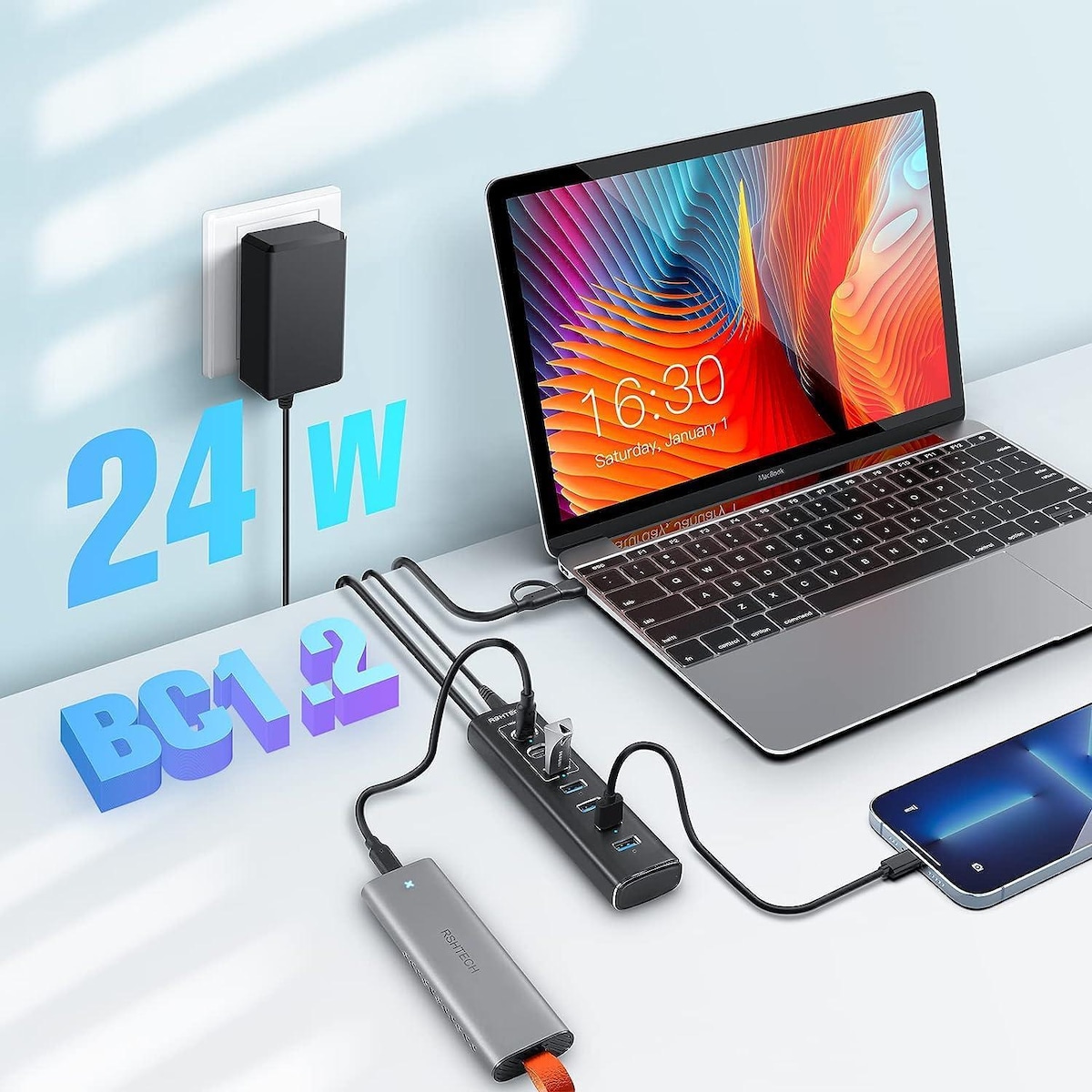 NÖRDIC GEN 3.2 USB-C og USB-A drevet Hubb 7-porter 3x10Gbps 4x5Gbps 1m kabel