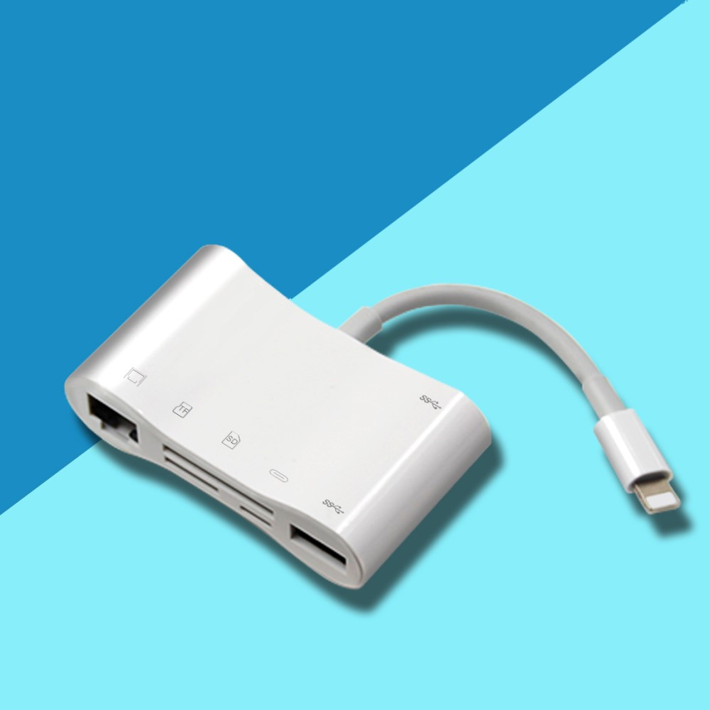 Lightning auf USB A Kamera / Ethernet LAN RJ45 (10/100 Mbits) Adapter   SD / Micro SD Kartenlesegerät / Ladeanschluss für Apple iPhone / iPad - Weiss