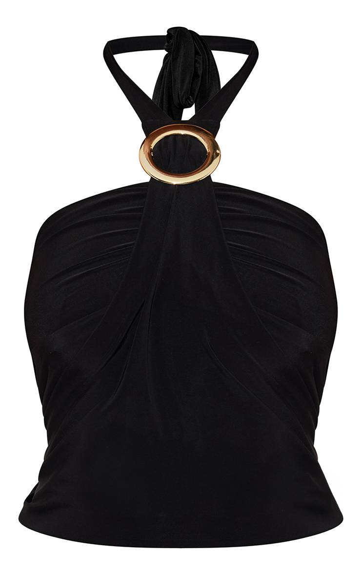 Noir Top Ajusté Froncé Drapé À Col Licou Avec Détails Dorés
