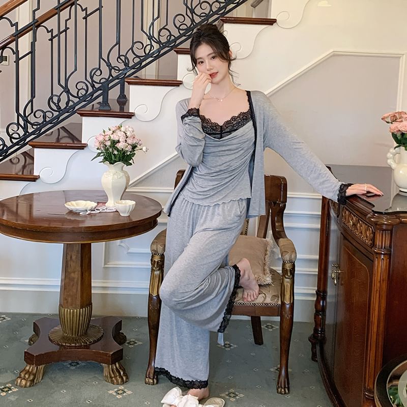 Borneben - Pyjamaset: V-hals kanten paneel gerimpelde crop top + jas + broek
