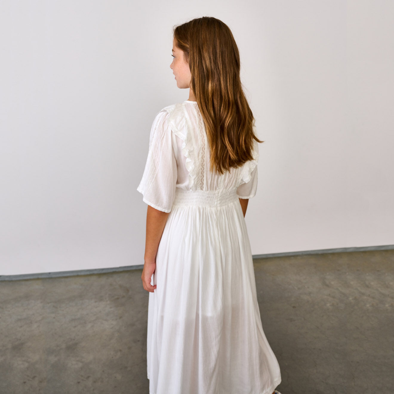 Bellerose Robe longue Heaven à dentelle et volant blanche