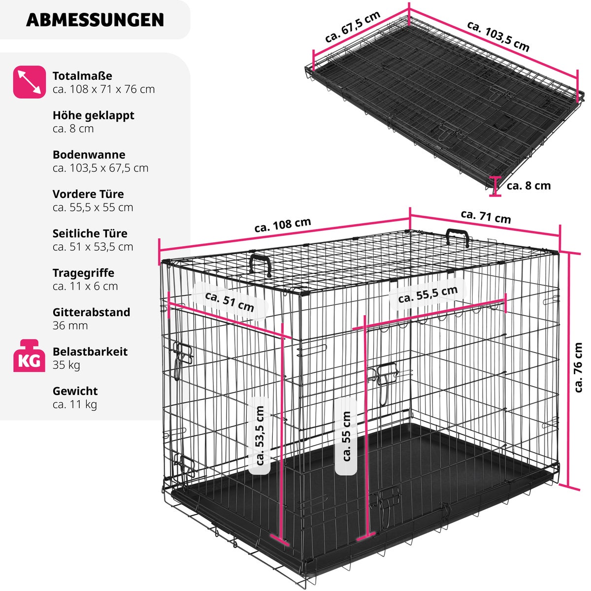 tectake Luna opvouwbare hondenbench/krat met 2 draaggrepen en afgeronde hoeken