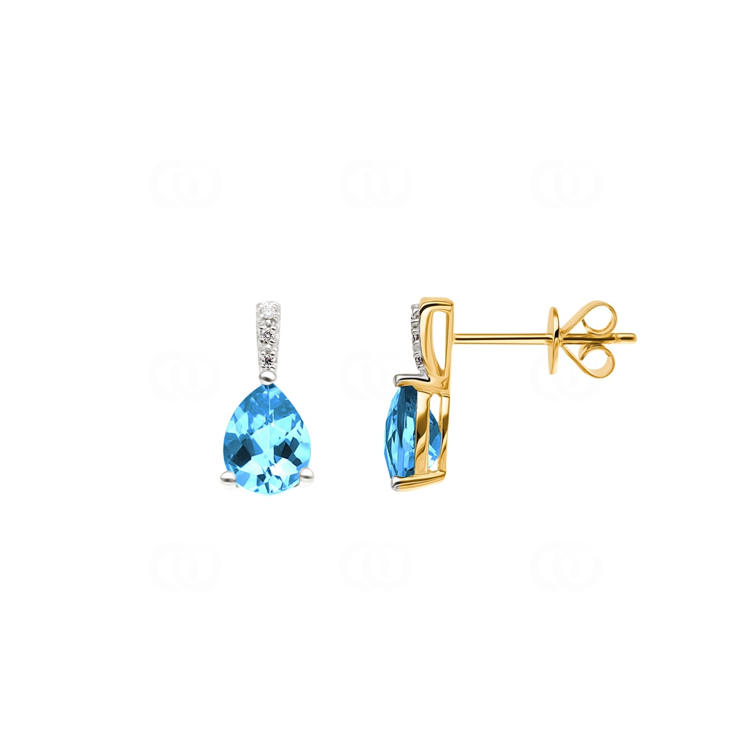 Ohrstecker 750/18 K Gelbgold mit Blautopas Tropfen und Diamanten 0.02 ct H/si