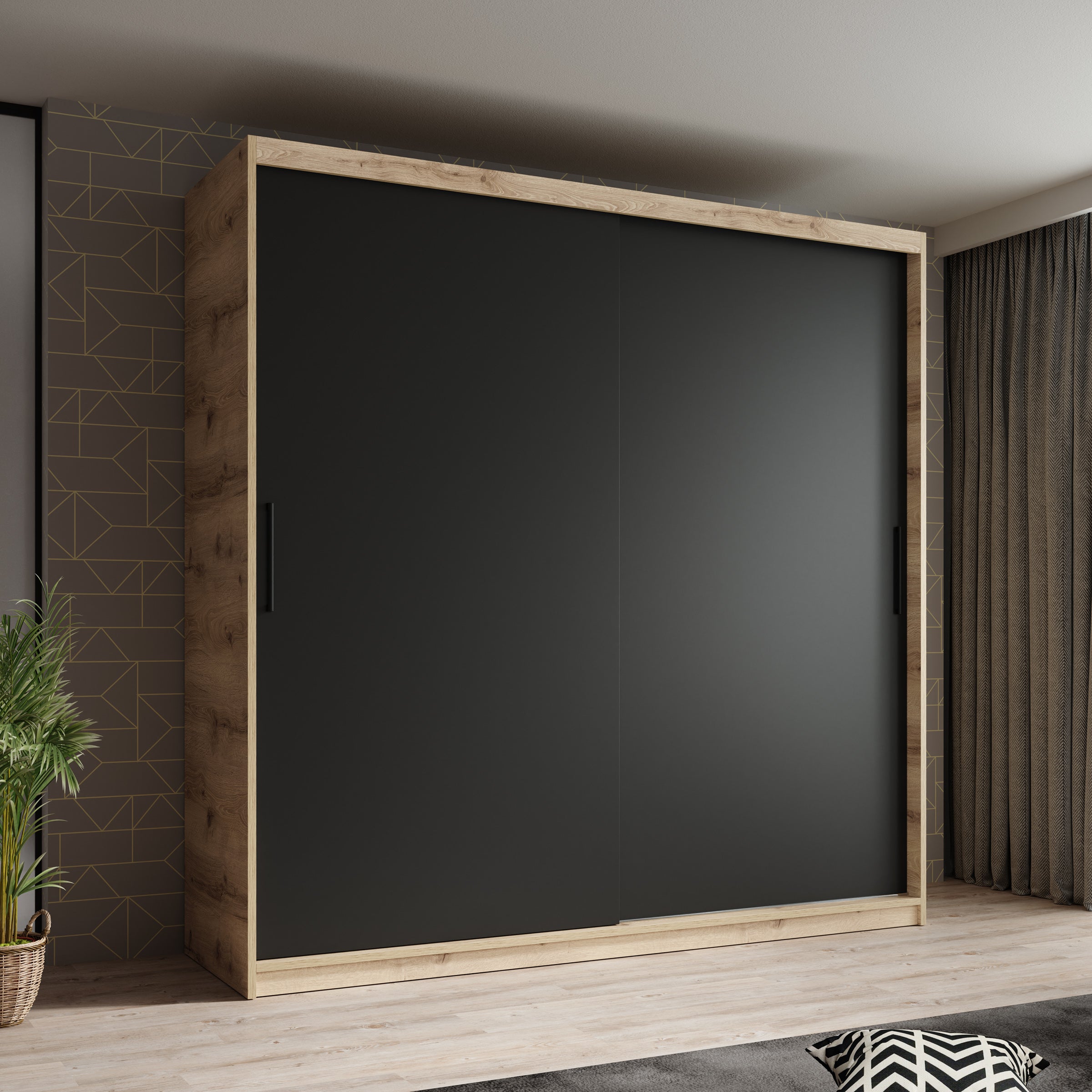 Luxor - Kledingkast met schuifdeuren - Zwart/eiken - 200x62x200 cm