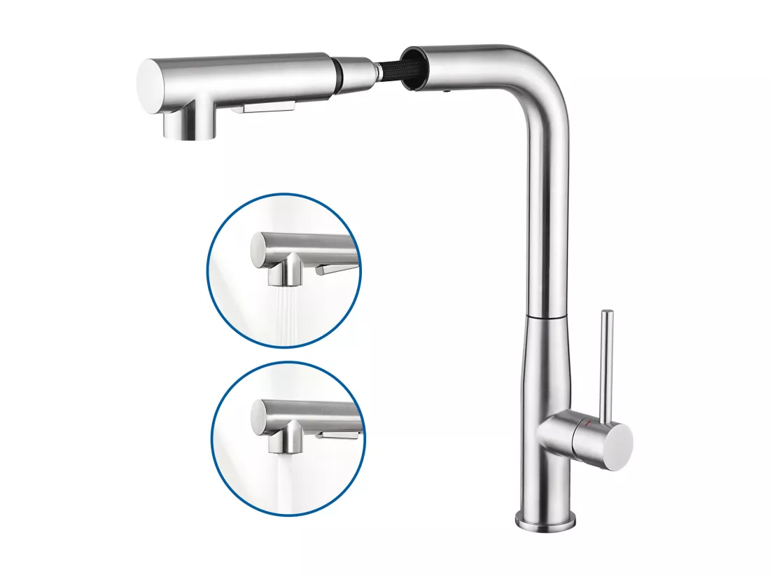 AuraLum Max Mitigeur Cuisine,Robinet Évier Inox avec Douchette Extractible,2 Modes Jets Eau Froide/Chaude Rotatif 360°,en Forme L,Brossé,EU Modèle