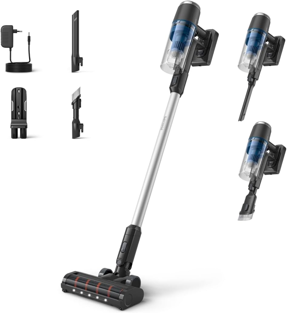 Philips Kabelloser Staubsauger der Serie 3000, Leistungsstarke Saugleistung auf Hartböden, 60 Minuten Laufzeit, Düse mit LED-Licht, Fugen und Kombinationsdüse, Austauschbarer Akku(XC3032/01)