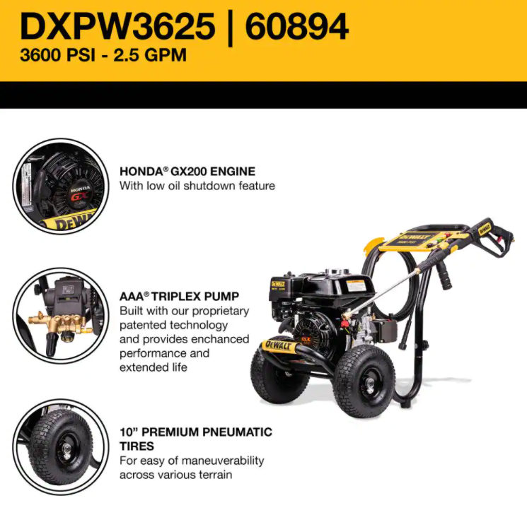 Lavadora de alta pressão profissional DEWALT 3600 PSI 2,5 GPM a gasolina com água fria e motor HONDA GX200
