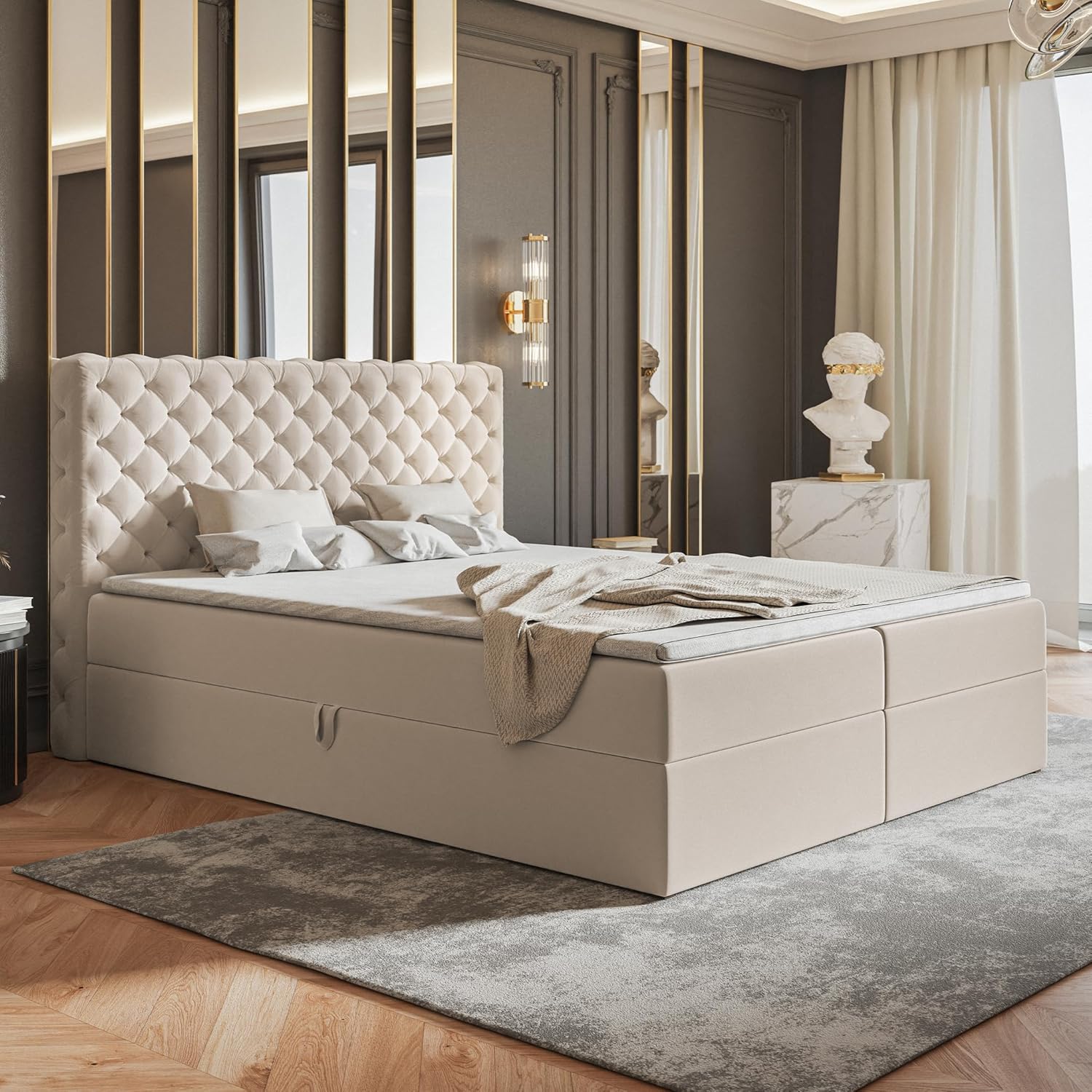 Nero Chesterfield Boxspringbett 180x200 mit Bettkasten und Topper, Polsterbett 180x200 mit Bettkasten, Bonell-Matratze (H4), T28 Schaumstoff Topper (H3), Samt, Beige (Creme)