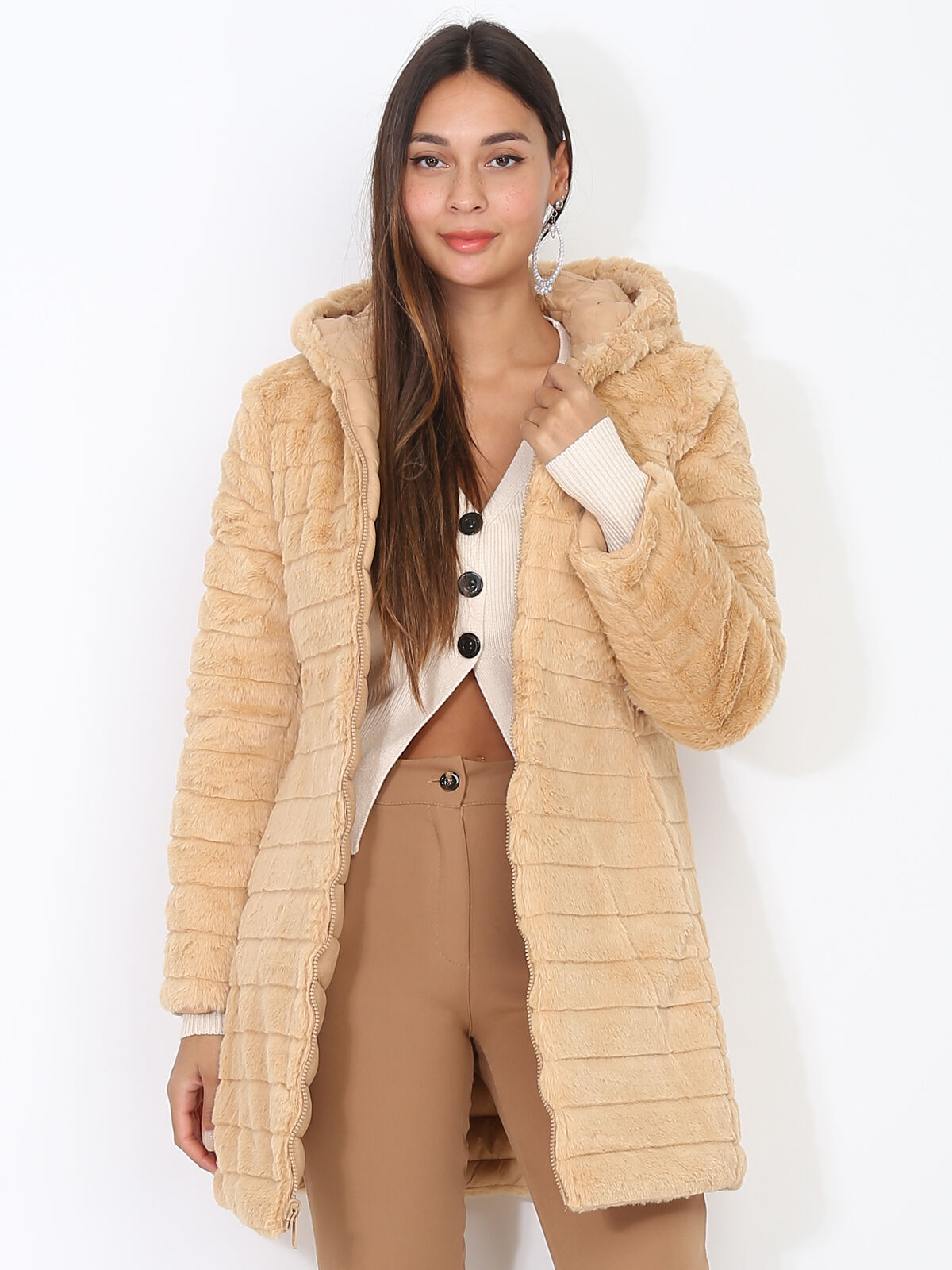 Doudoune réversible fourrée et zippée- Beige foncé