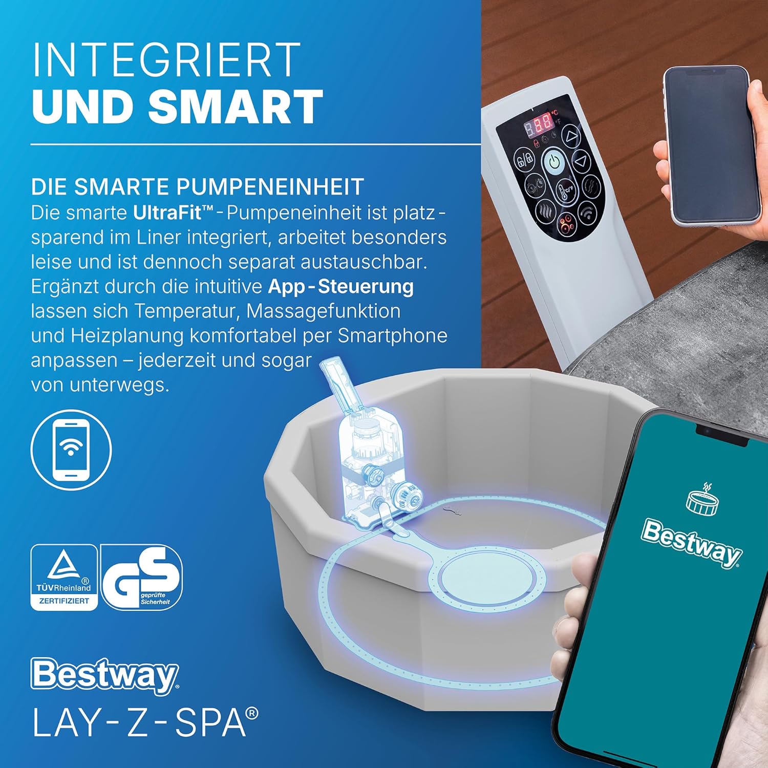 Bestway® Lay-Z-SPA® Energiespar-Whirlpool mit Schaumstoffpaneelen Carrara AirJet™ mit App-Steuerung + integrierter UltraFit™ -Pumpeneinheit, für 6 Personen Ø 170 x 65 cm, Dunkle Alabaster-Optik