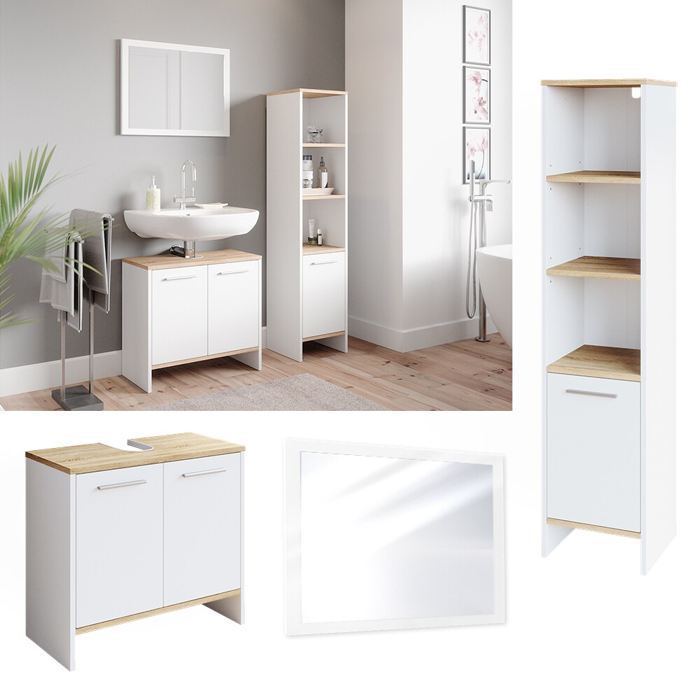 Vicco Badmöbelset Waschtischunterschrank Badspiegel Hochschrank Elvio Weiß Sonoma Badmöbel